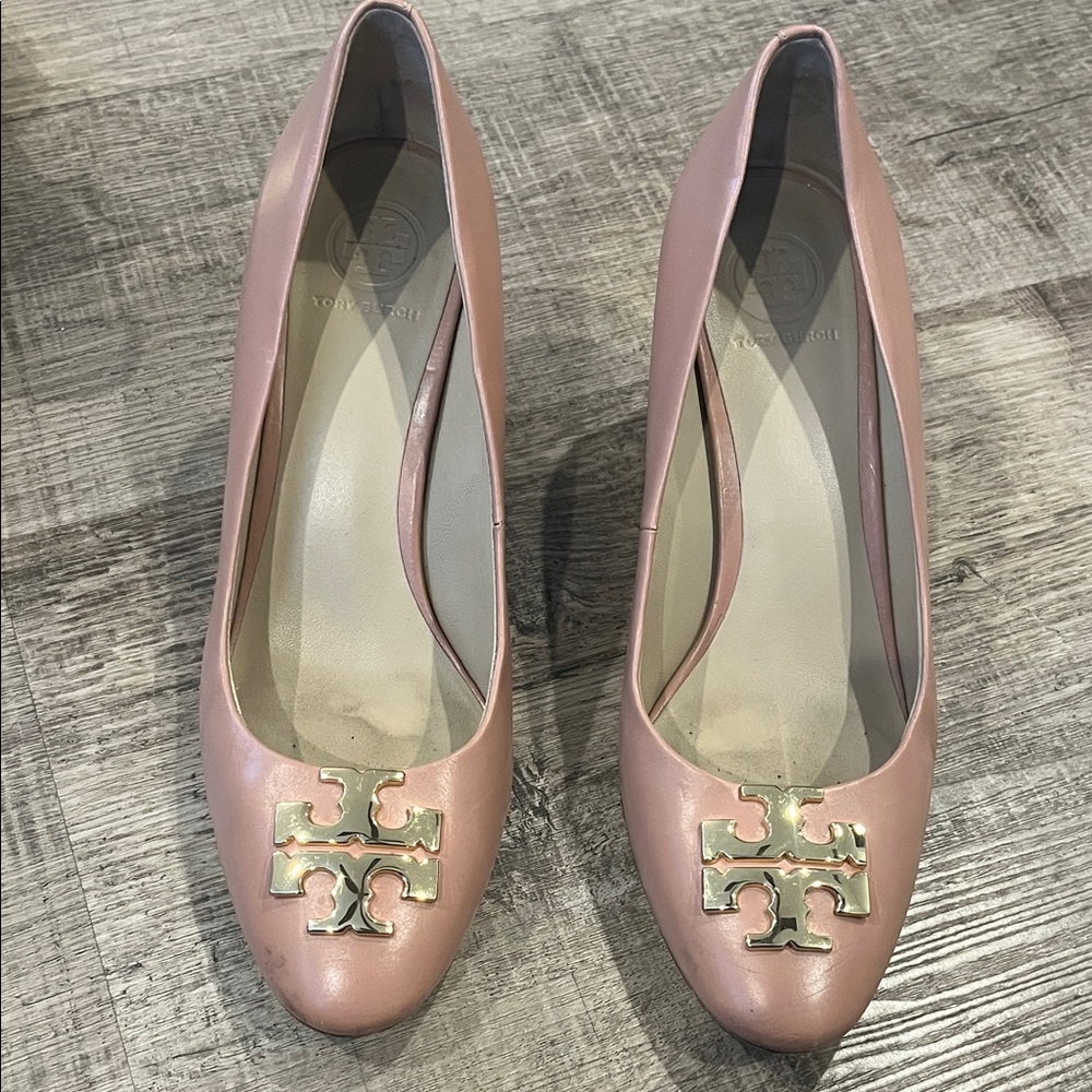 Tory Burch Blush Pink Heels with Gold Logo